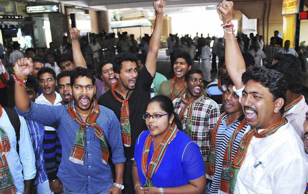Activists of the youth wing of Bharatiya Janata Party shout slogans against Tarun Tejpal, editor of Tehelka magazine, ahead of his arrival at the airport in Panaji.