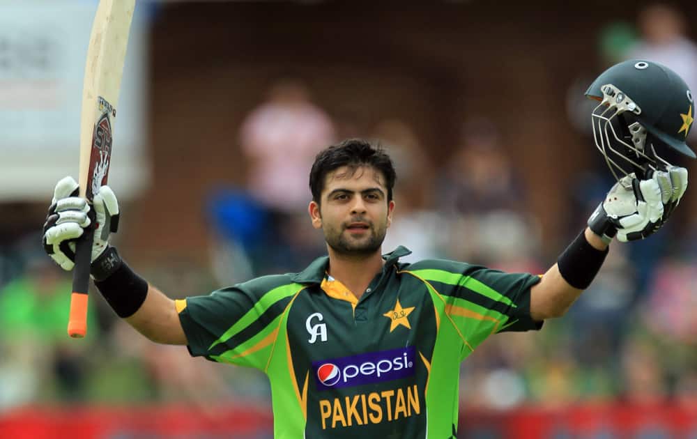 Pakistan`s batsman Ahmed Shehzad, celebrates his century during the 2nd One Day International cricket match against South Africa at St George`s Park, Port Elizabeth, South Africa.