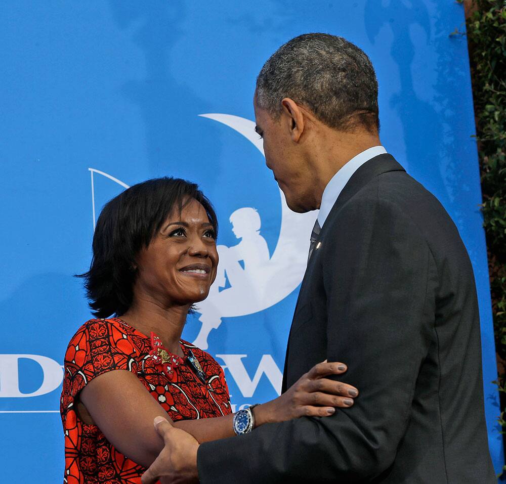 President Barack Obama is introduced by DreamWorks Animation Chairman President and Director at Ariel Capital Management Mellody Hobson before speaking at DreamWorks Studios in Glendale, Calif.