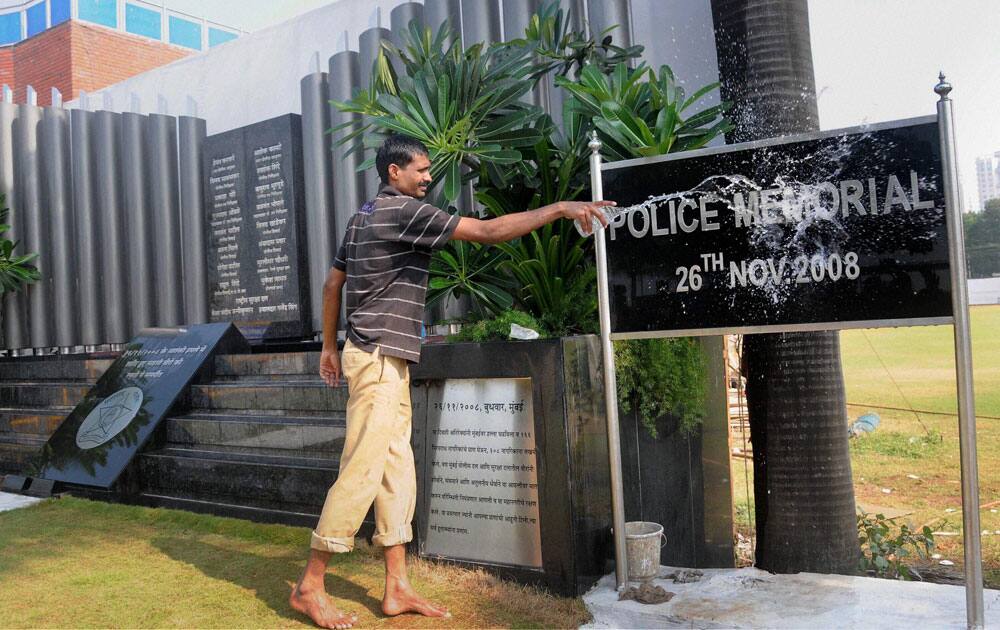A view of prepartions at ‘Martyr’s Memorial’ at Police Gymkhana, Marine Drive on the eve of the 5th anniversary of 26/11 terrorist attacks in Mumbai.