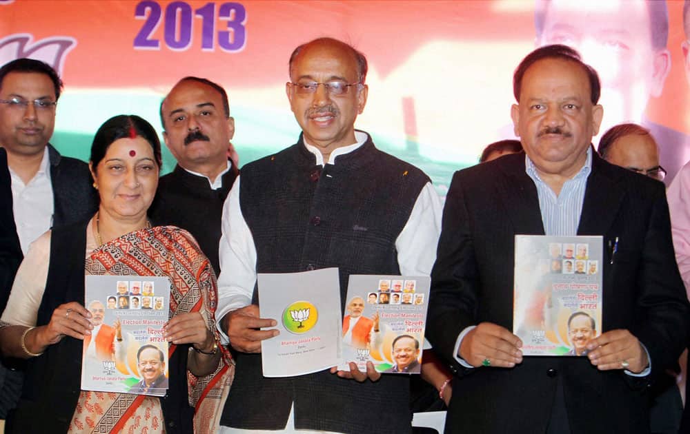 BJP leaders Sushama Swaraj, Vijay Goel and BJP New Delhi CM candidate Dr Harshawardhan release the Election Manifisto for the upcoming Assembly Elections 2013 in New Delhi.