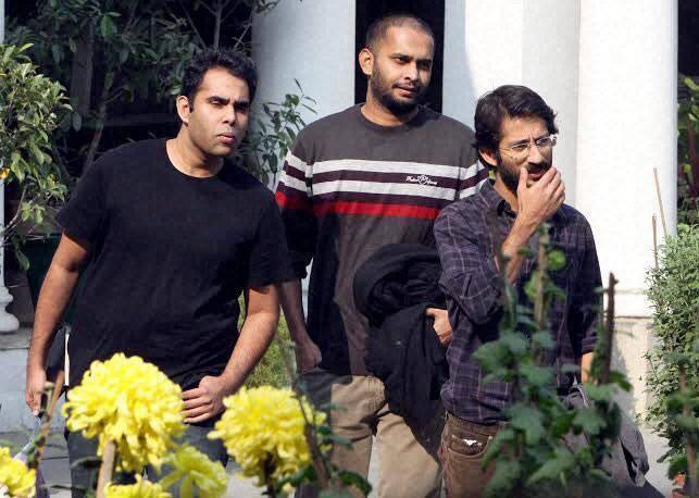 Journalists of Tehelka magazine come out of Goa Sadan after being questioned by Goa police in New Delhi.