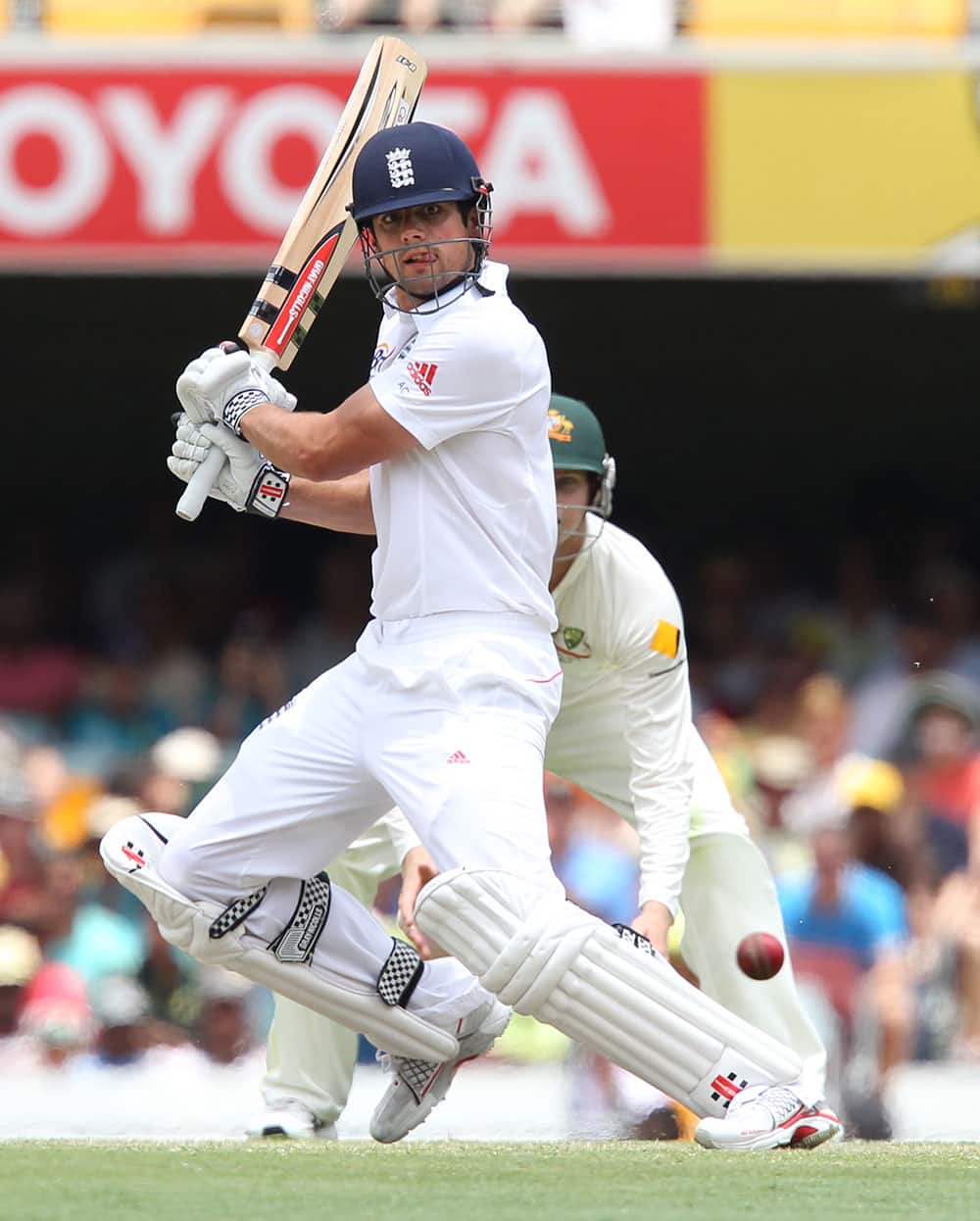 England`s Alastair Cook plays a shot on the fourth day of the series-opening Ashes cricket test between England and Australia at the Gabba in Brisbane, Australia.
