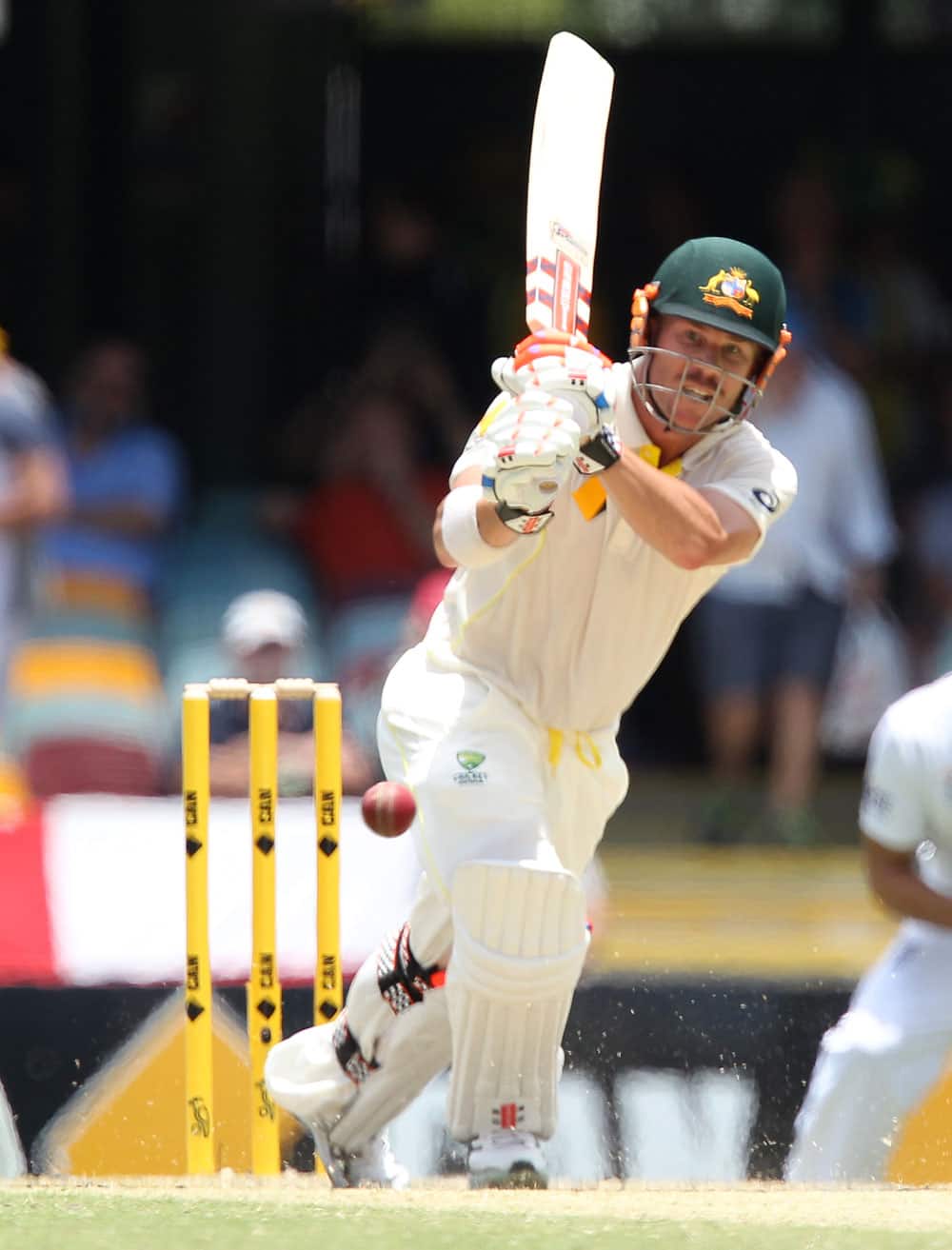 Australia`s David Warner plays a shot on the third day of the series-opening Ashes cricket test between England and Australia at the Gabba in Brisbane, Australia.