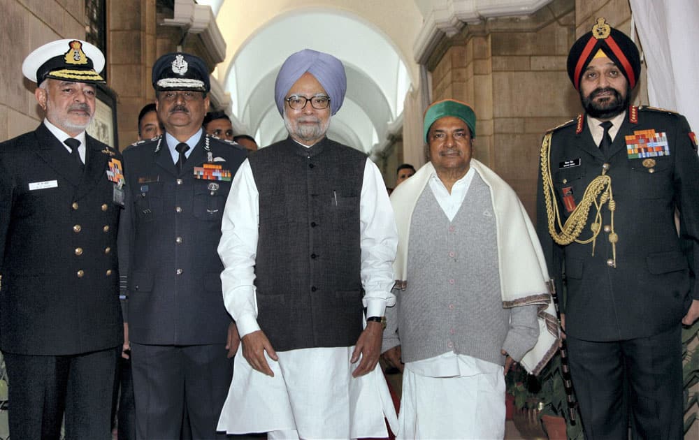 Prime Minister Manmohan Singh, Defence Minister A.K.Antony, IAF chief Air Chief Marshal NAK Browne, Navy Chief Admiral D K Joshi, Army Chief General Bikram Singh, present in Prime Minister`s Office.
