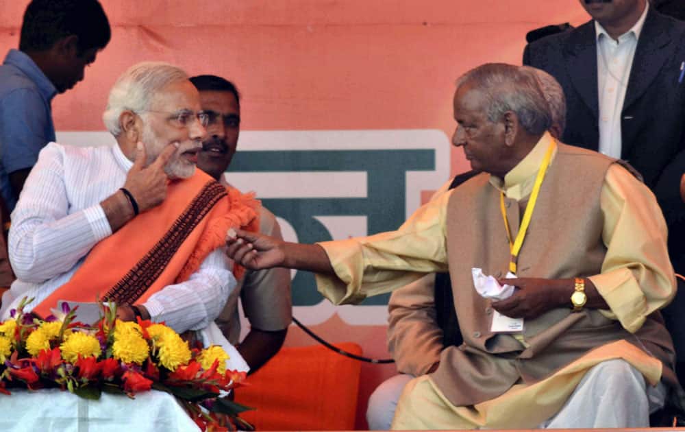 Bharatiya Janata Party PM candidate Narendra Modi with Kalyan Singh at an election rally in Agra.