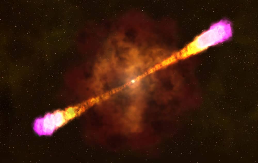 This image provided by NASA`s Goddard Space Flight Center shows an artists rendering on how a gamma ray burst occurs with a massive star collapsing and creating a black hole and beaming out focused and deadly light and radiation bursts.