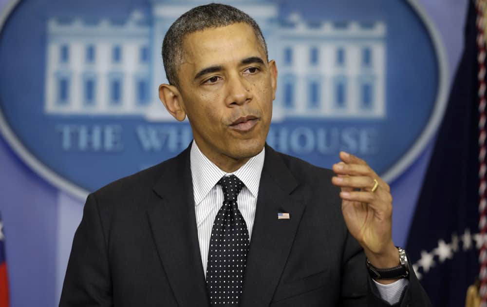 President Barack Obama speaks in the James Brady Press Briefing Room of the White House in Washington.