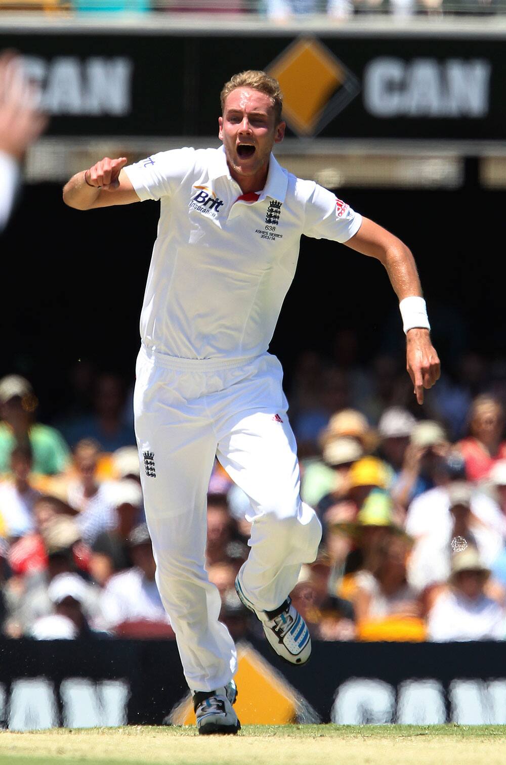 England`s Stuart Broad appeals for the wicket of Australia`s David Warner on the first day of the series-opening Ashes test between England and Australia at the Gabba in Brisbane.