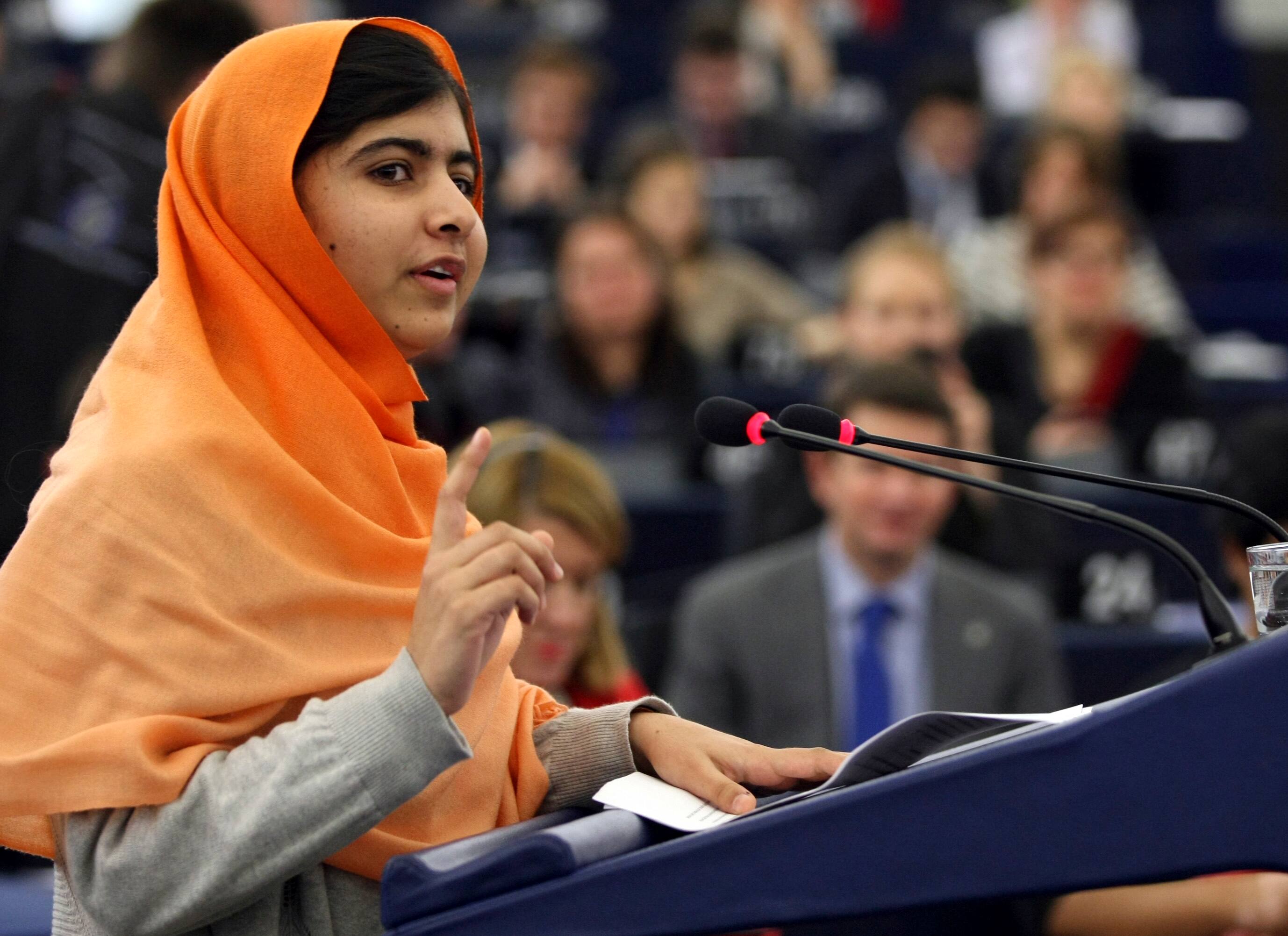 Pakistani schoolgirl Malala Yousafzai delivers her speech after receiving the Sakharov Prize 2013 at the European parliament in Strasbourg eastern France.