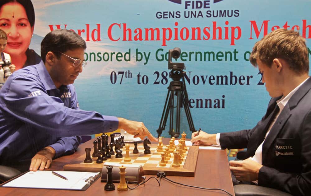 Viswanathan Anand of India during the eighth match against Magnus Carlsen of Norway at FIDE World Chess Championship in Chennai.