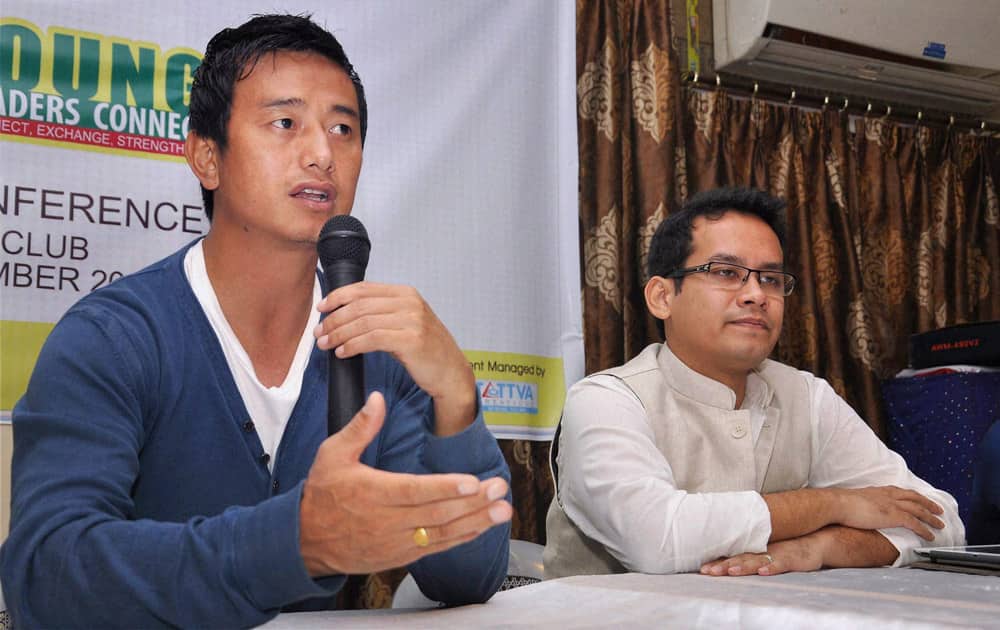 Football star Baichung Bhutia addressing a press conference regarding 3rd edition of the Young Leaders Connect in Guwahati.