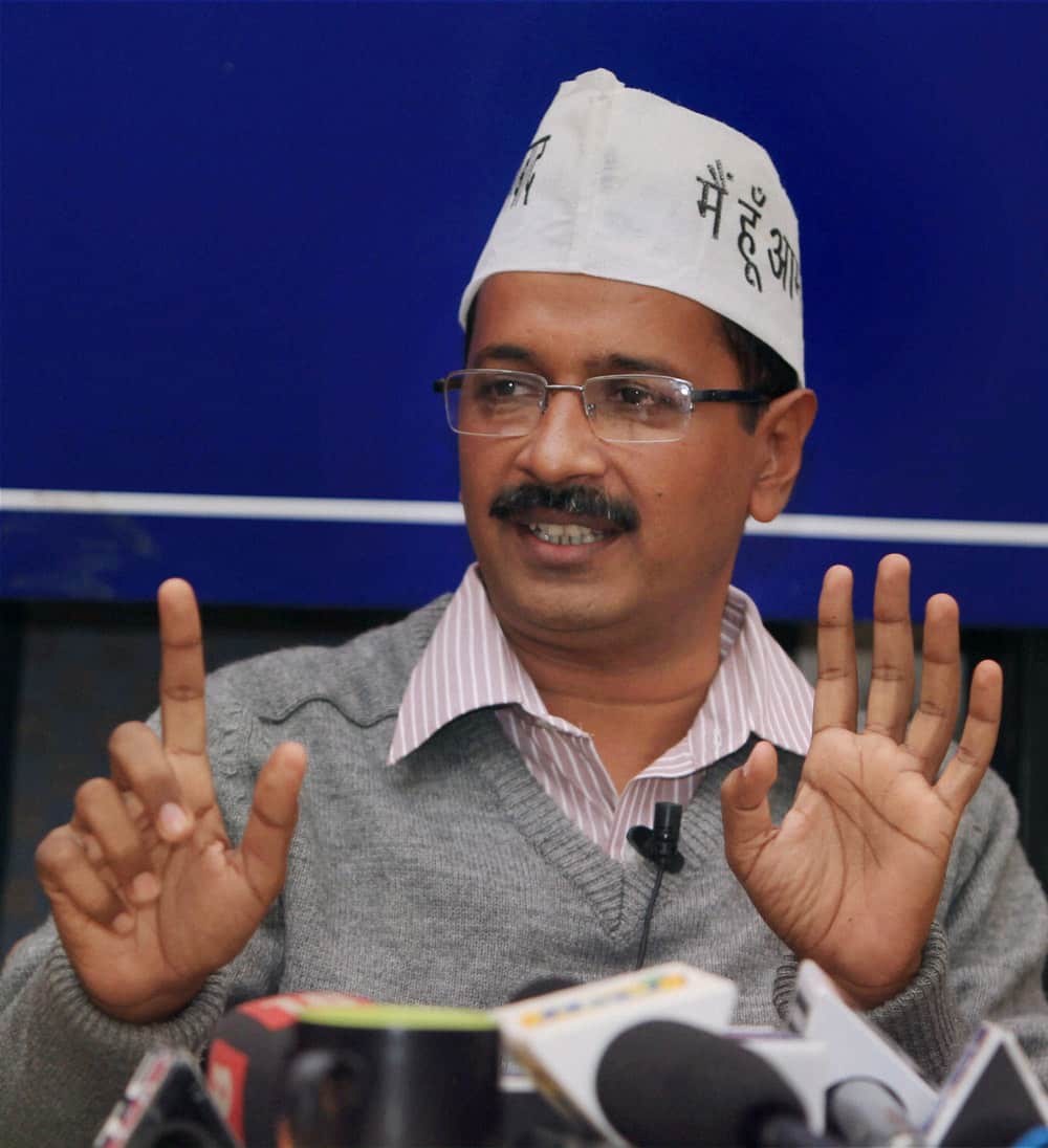 AAP convener Arvind Kejriwal addresses during a interactive session organised by Indian Women`s Corps in New Delhi.