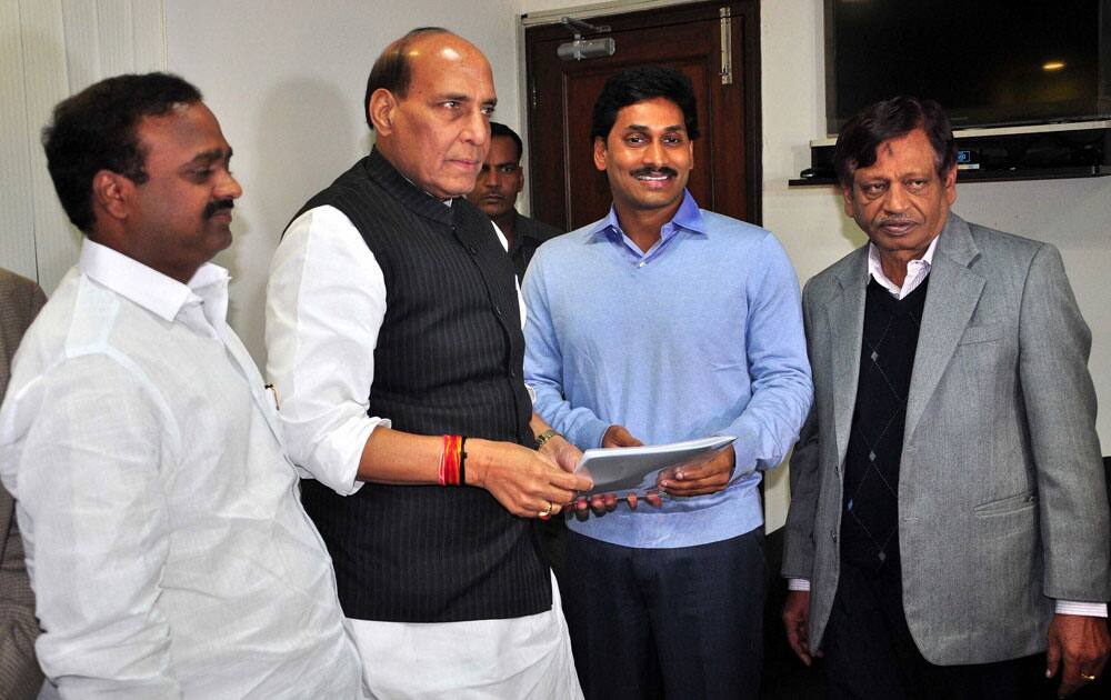 YSR Congress party president Y.S. Jaganmohan Reddy meets BJP President Rajnath Singh at his residence in New Delhi.