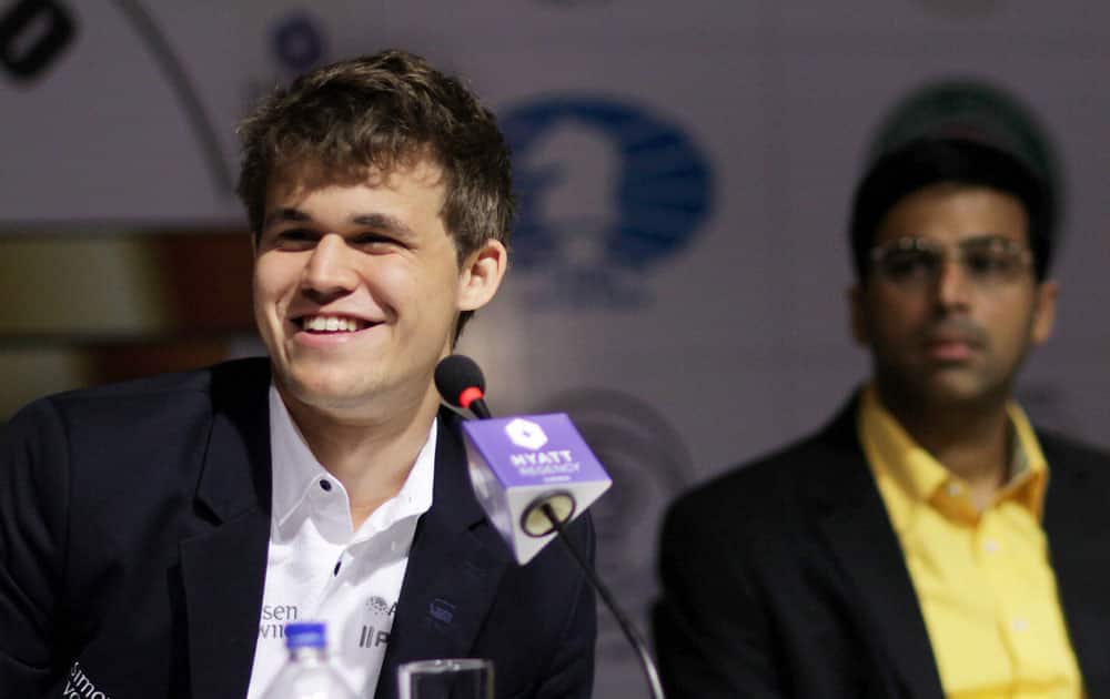 Magnus Carlsen of Norway addressing a press conference after he won the sixth match against Viswanathan Anand of India at FIDE World Chess Championship in Chennai.