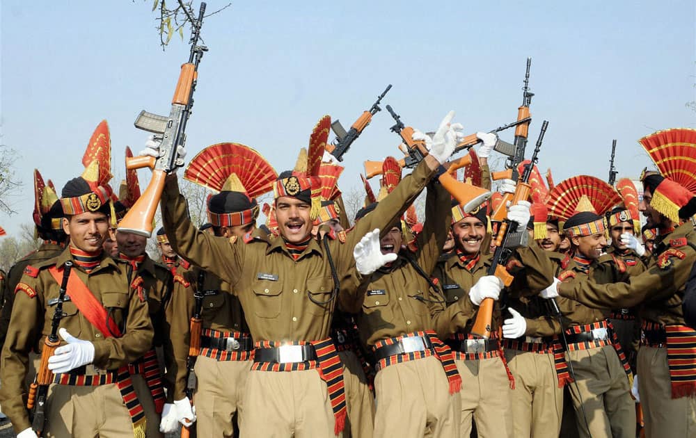 New recruits of the Indian Border Security Force (BSF) rejoice before their Passing out parade at Humhama, on the outskirts of Srinagar.