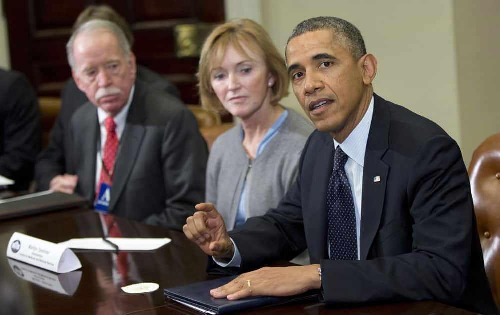 President Barack Obama makes a statement in the Roosevelt Room of the White House in Washington.
