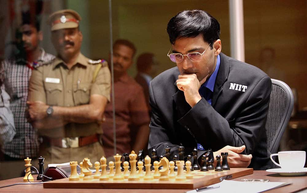 Viswanathan Anand of India during the fifth match against Magnus Carlsen of Norway at FIDE World Chess Championship in Chennai.