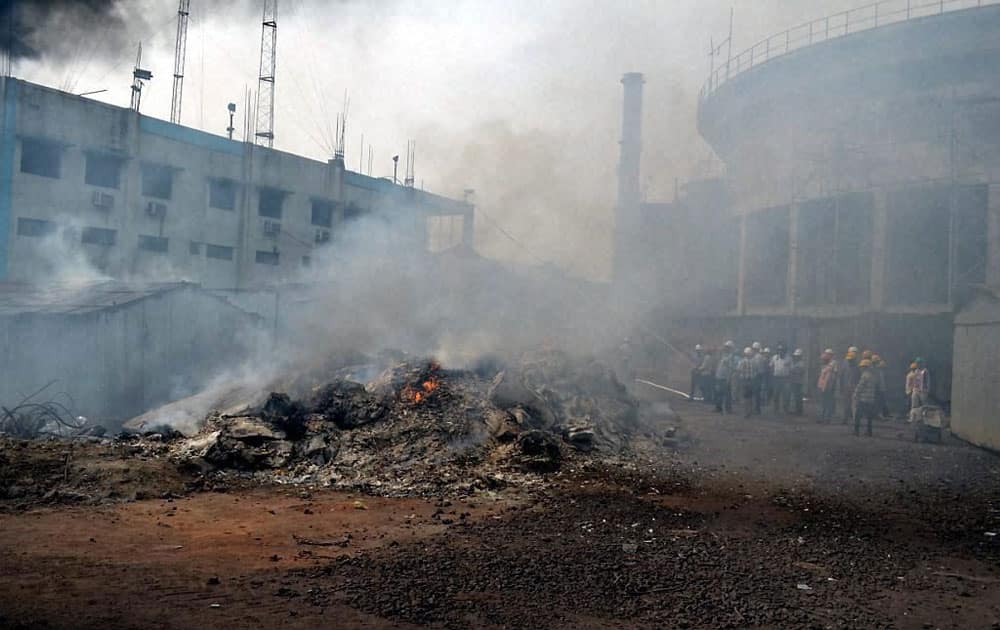 Smoke billowing out after an explosion occurred in a blast furnace at a private steel plant in Narendrapur area of Dhenkanal district.