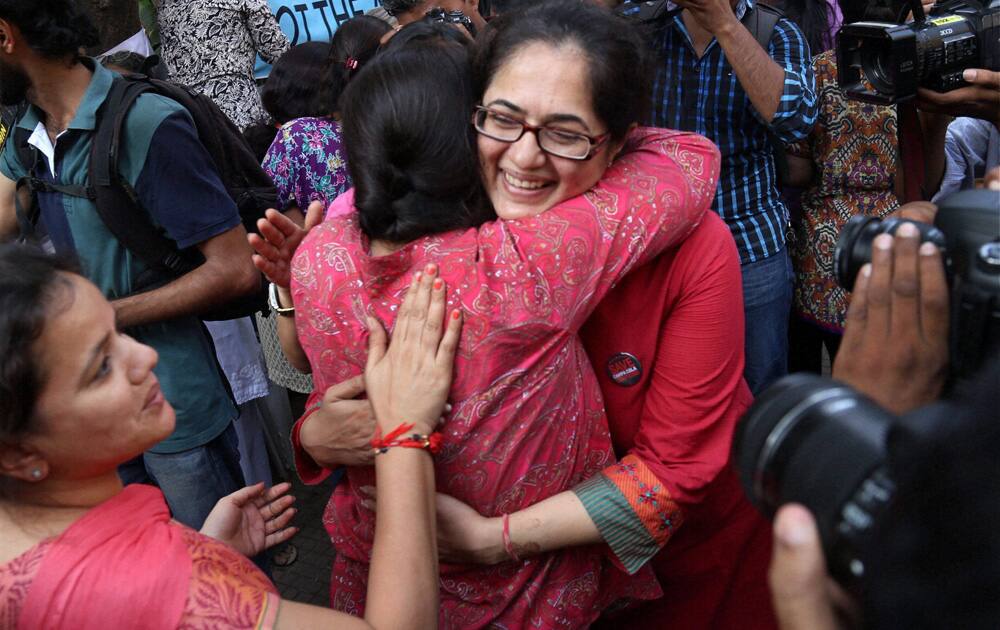 Residents of Campa Cola housing colony jubilate after the Supreme Court issued orders to stay the demolition of their houses in Mumbai.