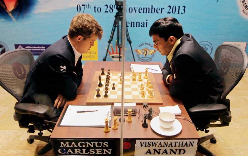 Viswanathan Anand of India and Magnus Carlsen of Norway during their fourth match at FIDE World Chess Championship in Chennai.