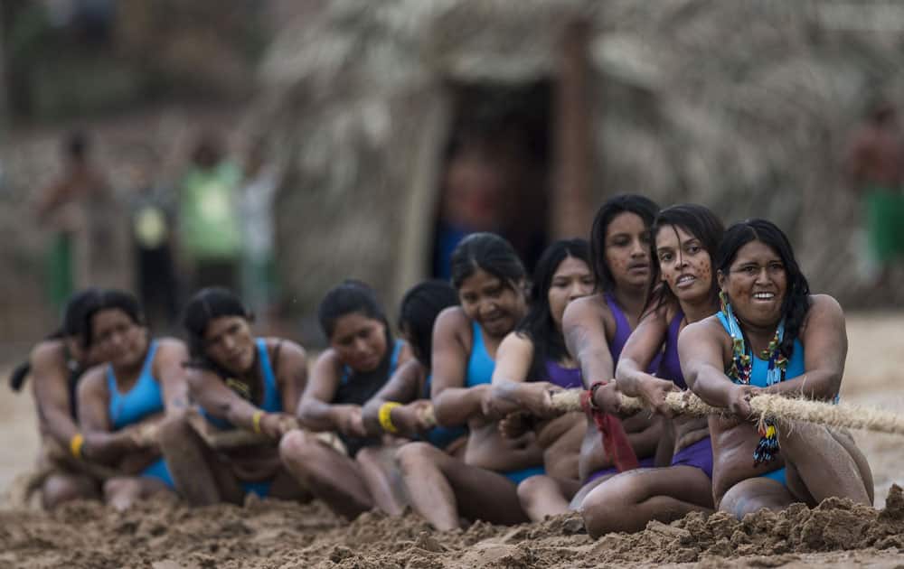 Paresi Indian women participate in a tug of war competition during the indigenous games in Cuiaba, Brazil.