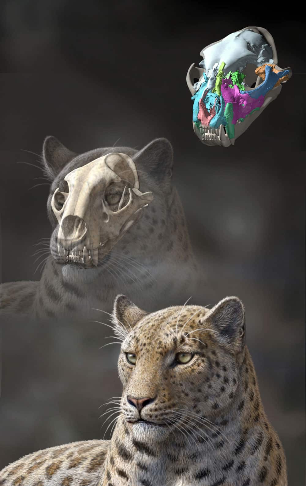 This artist rendering by Mauricio Anton of the Proceedings of the Royal Society B shows a reconstruction of an extinct big cat, Panthera blytheae, based on skull CT scan data.
