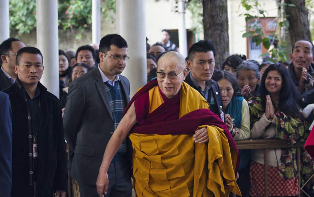Tibetan spiritual leader the Dalai Lama, arrives at the Tsuglakhang temple to give religious talk for a day in Dharmsala.