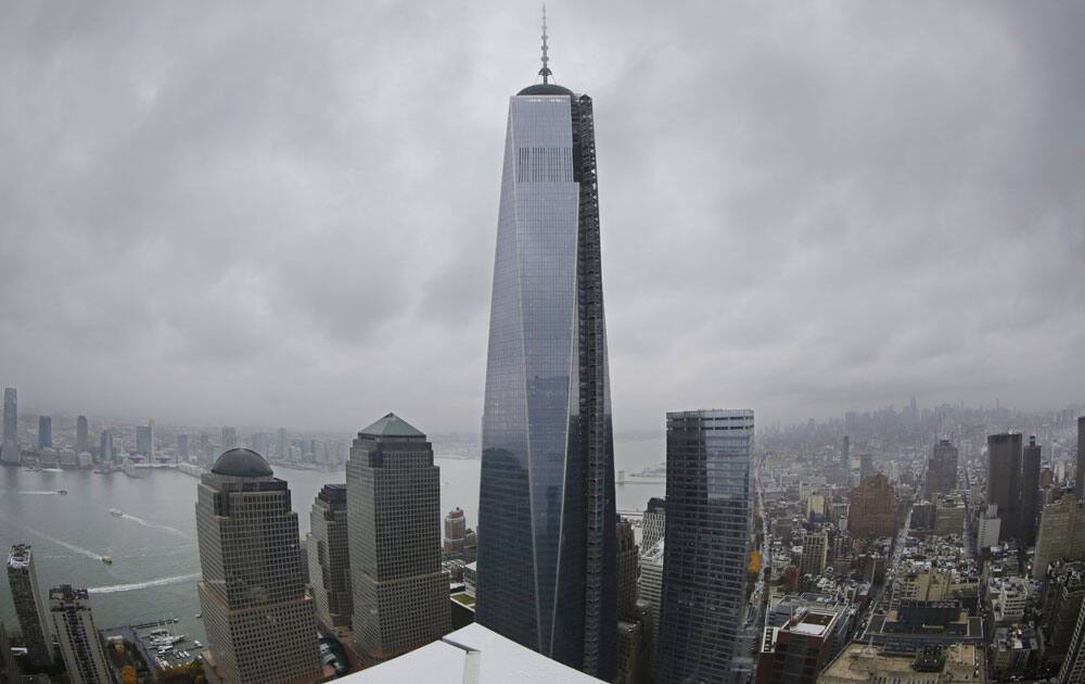 One World Trade Center, center, is seen from the 56th floor of its neighbor, 4 World Trade Center.