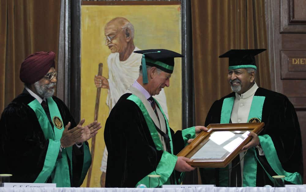 Britain`s Prince Charles is bestowed with an honorary degree in forestry at the Forest Research Institute in Dehradun.