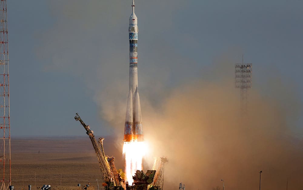 The Soyuz-FG rocket booster with Soyuz TMA-10M space ship carrying a new crew to the International Space Station, ISS, blasts off at the Russian leased Baikonur cosmodrome, Kazakhstan.
