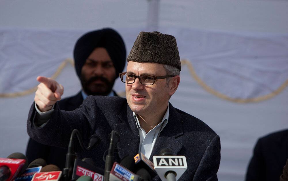 Jammu and Kashmir state Chief Minister Omar Abdullah speaks to the media after the reopening of the state`s winter capital at the Civil Secretariat in Jammu.