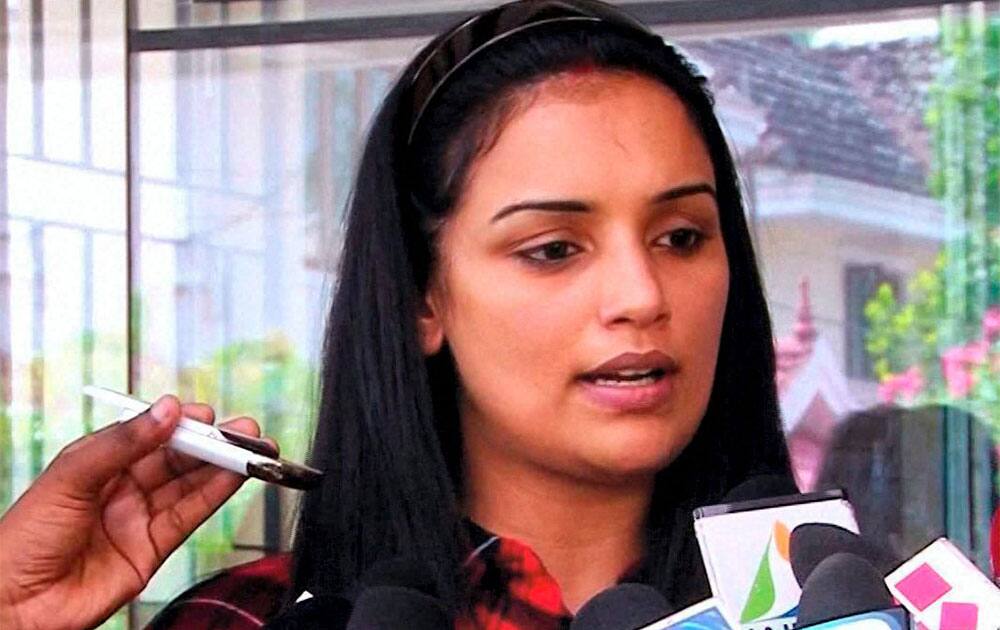 Malayalam actress Swetha Menon talking to media in Kochi on Saturday night. Menon was allegedly molested by a Congress MP on Saturday following which she lodged a complaint.