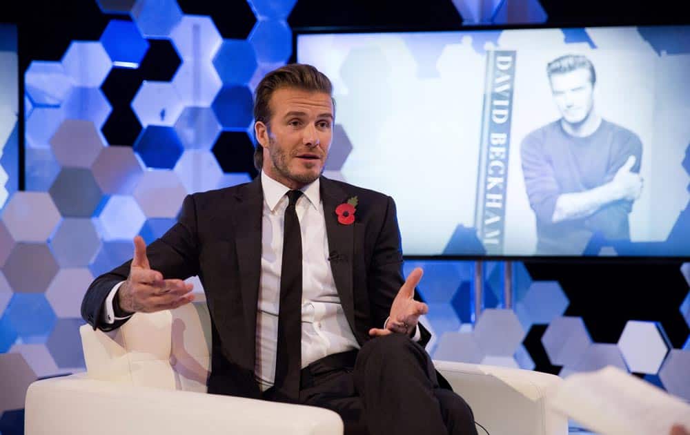 Former England national soccer team captain David Beckham speaks as he is interviewed by The Associated Press at a studio in Hampstead, north London.