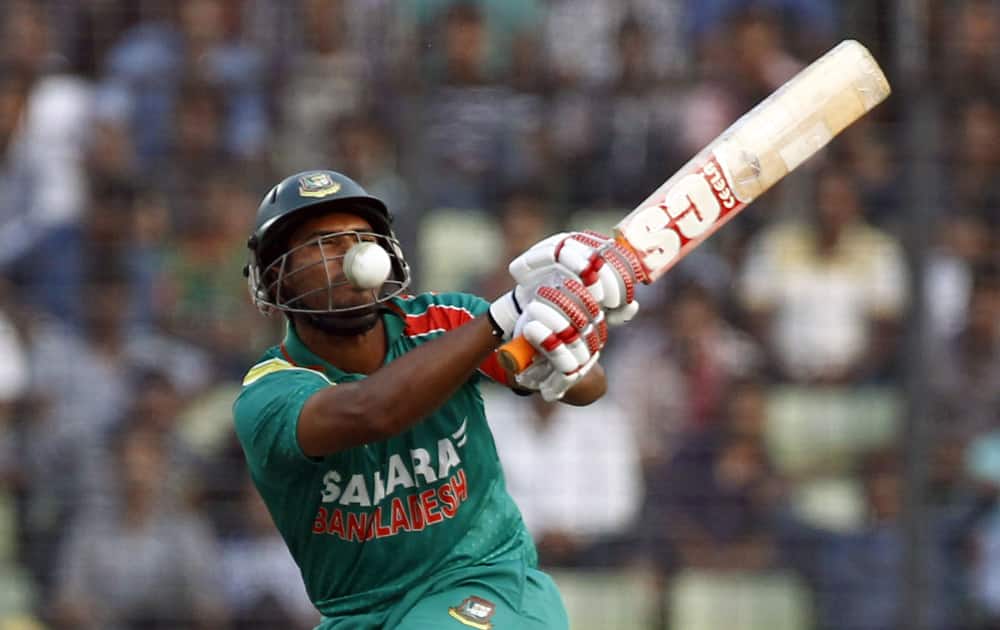 Bangladeshi cricketer Mahmudullah is hit by a ball on the first one-day international cricket match against New Zealand in Dhaka, Bangladesh.