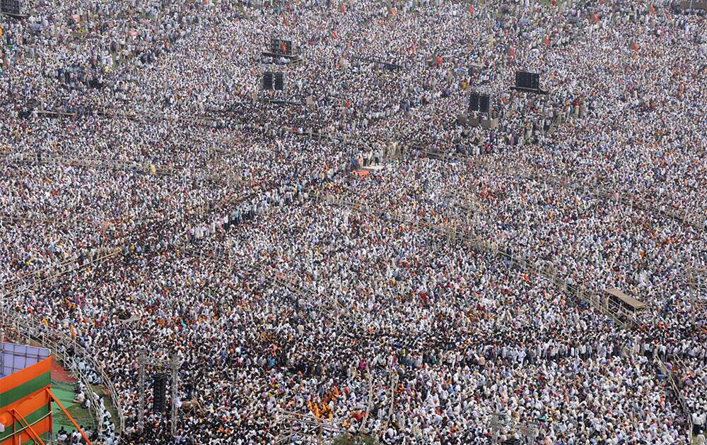 Supporters of India’s main opposition Bharatiya Janata Party (BJP) gather for a rally after a series of small bombs exploded near the venue in Patna.
