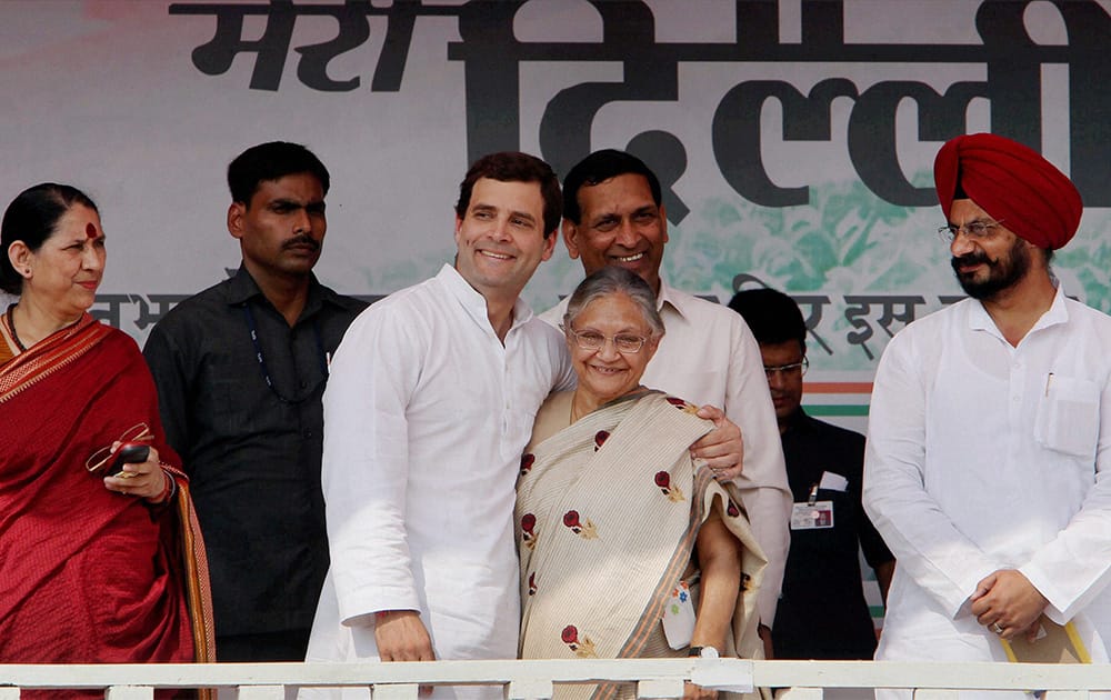 Congress Vice-President Rahul Gandhi , Delhi Chief Minister Sheila Dikshit with other party leaders during a party rally in Mangolpuri, northwest Delhi.