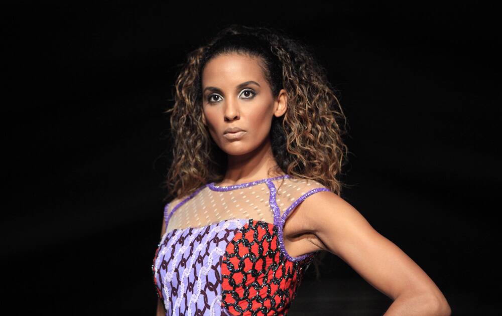 A model displays an outfit by designer Iconic Ivanity during the Lagos Fashion and Design Week in Lagos, Nigeria.