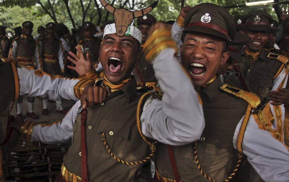 India`s Central Industrial Security Force (CISF) Assistant Commandant and sub inspectors celebrate after march during their passing out parade at National Industrial Security Academy (NISA) on the outskirts of Hyderabad.