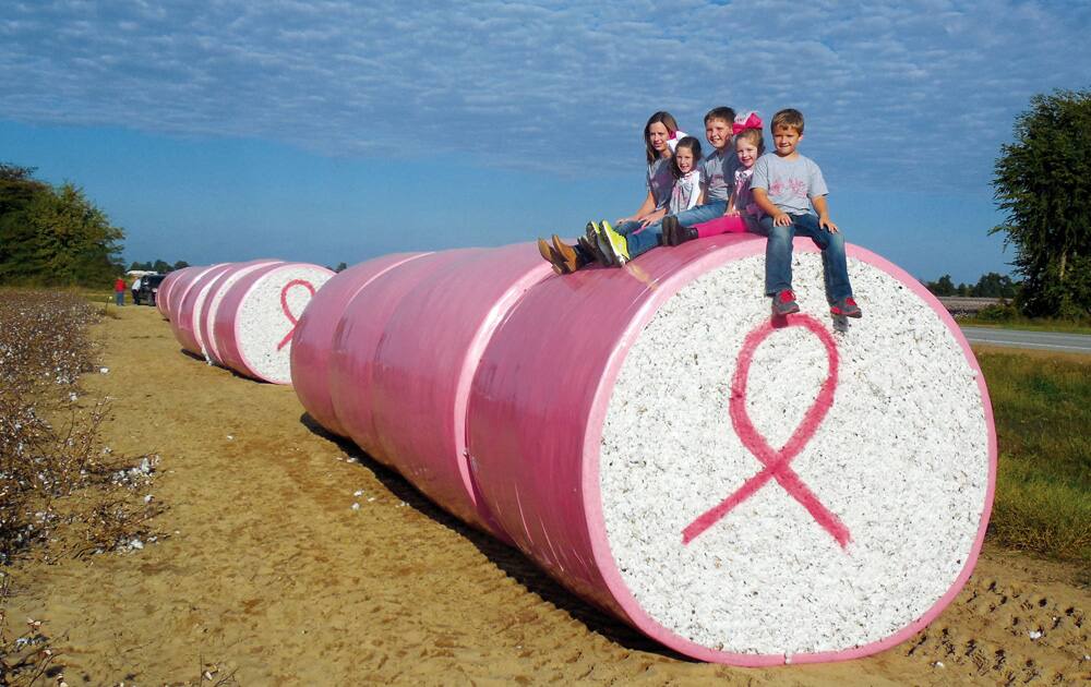 Kids sit atop one of Jason Chandler`s cotton modules near Kennett, Mo. The modules are wrapped in pink and marked with a breast cancer ribbon to help raise awareness of the disease.