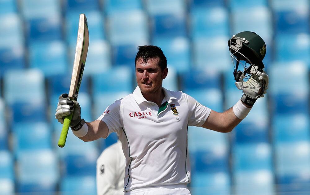 Graeme Smith, captain of South Africa celebrates after scoring a century on the second day of the second cricket test match of a two match series between Pakistan and South Africa at the Dubai International Cricket Stadium in Dubai, United Arab Emirates.