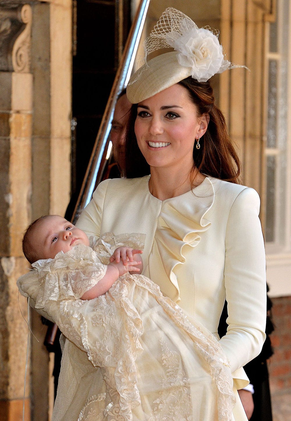 Kate Duchess of Cambridge carries her son Prince George after his christening at the Chapel Royal in St James`s Palace in London.