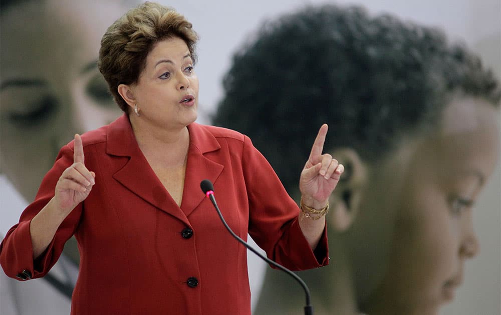 Brazil`s President Dilma Rousseff speaks at a ceremony celebrating the establishment of the provisional program `More Doctors` as law, at Planalto presidential palace, in Brasilia, Brazil.