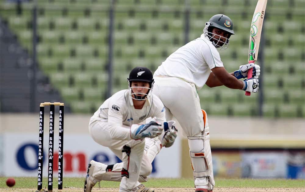 Bangladesh’s Tamim Iqbal plays a shot on the first day of the second cricket test match against New Zealand in Dhaka.
