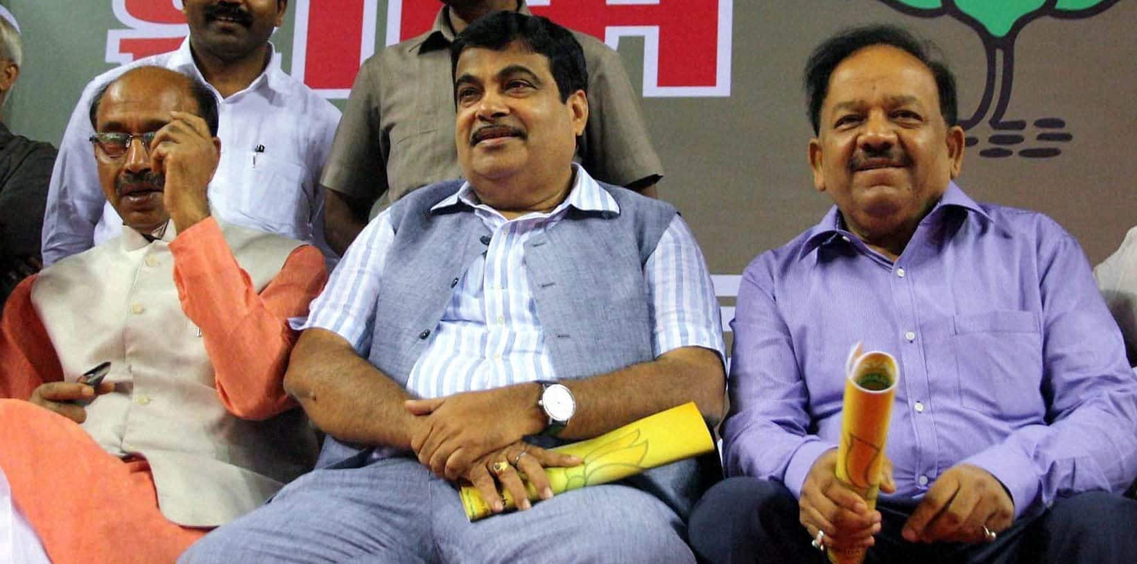 BJP former president Nitin Gadkari with Vijay Goel and Harsh Vardhan during a function in east Delhi.