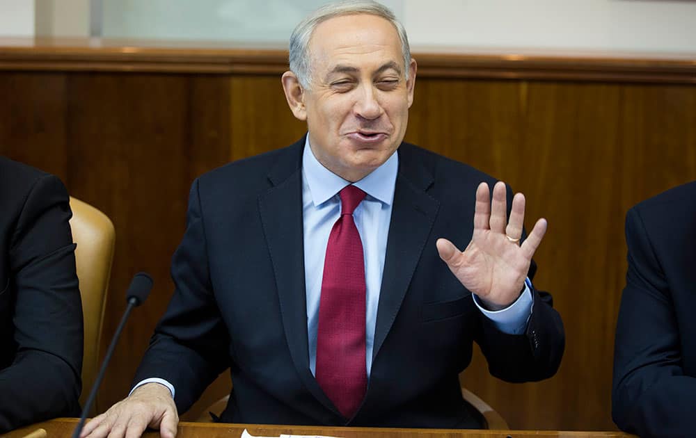 Israeli Prime Minister Benjamin Netanyahu speaks at the weekly cabinet meeting at his Jerusalem office.