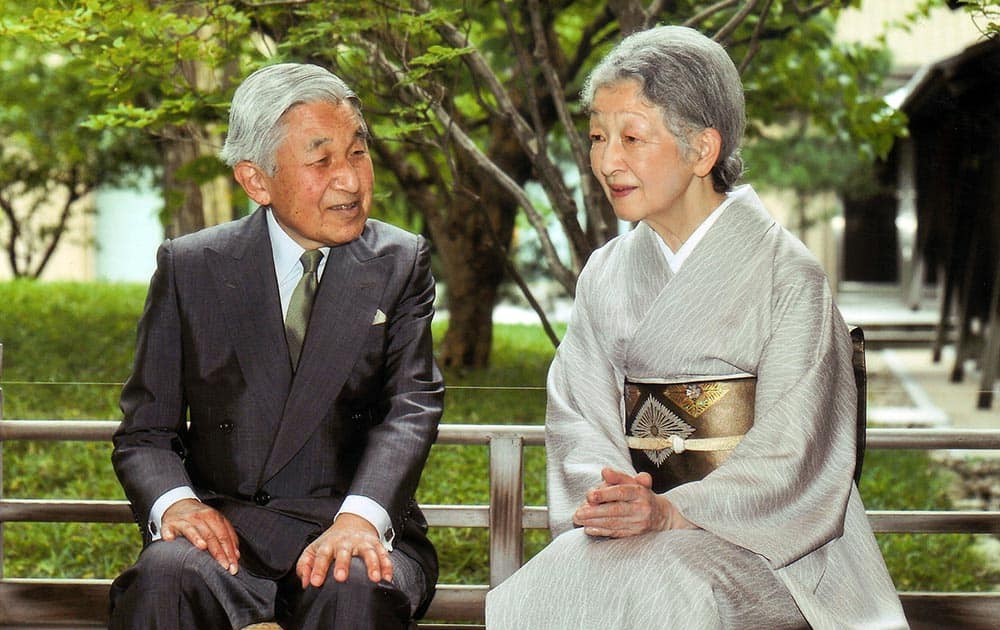 Japanese Emperor Akihito, left, and Empress Michiko sit at their Imperial residence in Tokyo. Empress Michiko celebrated her 79th birthday on Sunday.