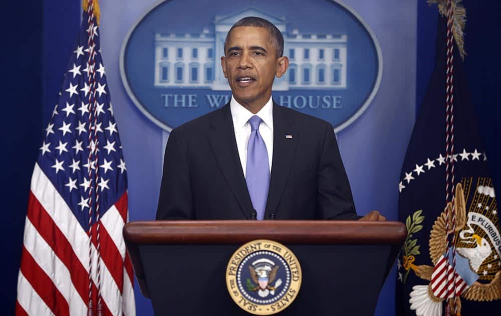 President Barack Obama makes a statement in the Brady Press Briefing Room at the White House in Washington.