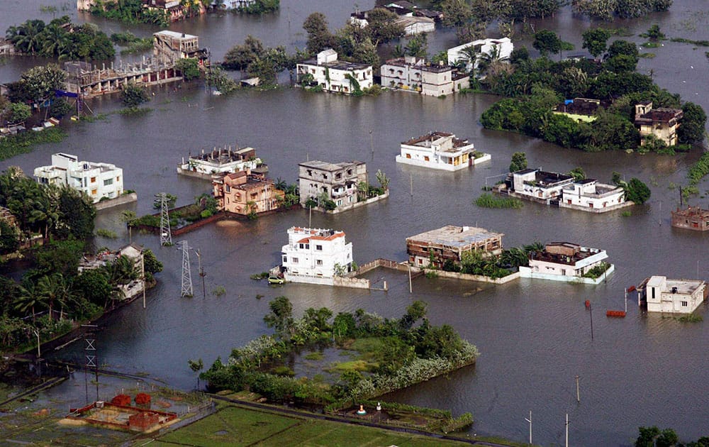 An aerial view shows an area flooded by heavy rains in the aftermath of Cyclone Phailin in Balasore district, Orissa state.