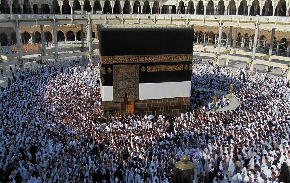 Muslim pilgrims circle counterclockwise with their hearts tilted toward the Kaaba, the cube-shaped structure that Muslims around the world face in prayer five times a day, in the Grand Mosque in the Muslim holy city of Mecca, Saudi Arabia. The hajj, a central pillar of Islam and one that able-bodied Muslims must make once in their lives, is a four-day spiritual cleansing based on centuries of interpretation of the traditions of Prophet Muhammad.